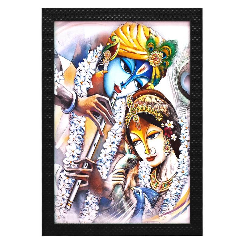 Radha krishna with cow Wall Art Painting, without Glass Multicolor 28.5 x 19 Inches (Combined) | Large, Set of 3