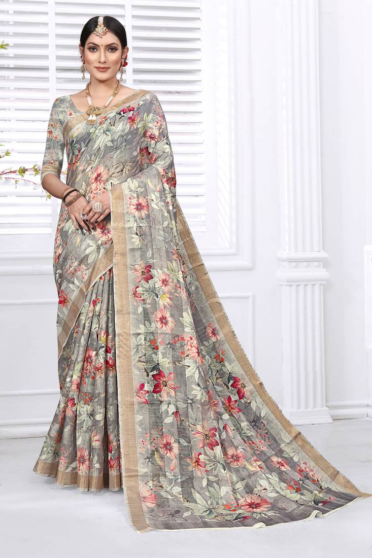 Grey Cotton Silk Floral Printed Saree with Unstitched blouse piece