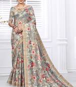 Grey Cotton Silk Floral Printed Saree with Unstitched blouse piece