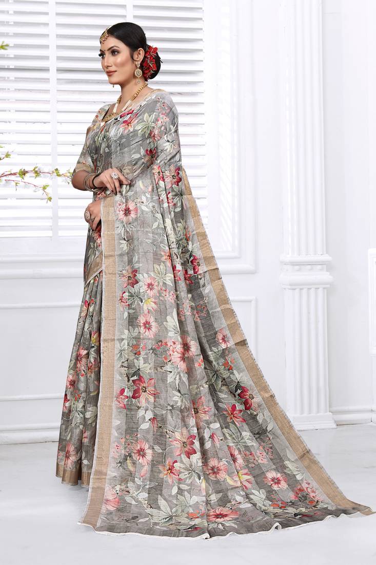 Grey Cotton Silk Floral Printed Saree with Unstitched blouse piece