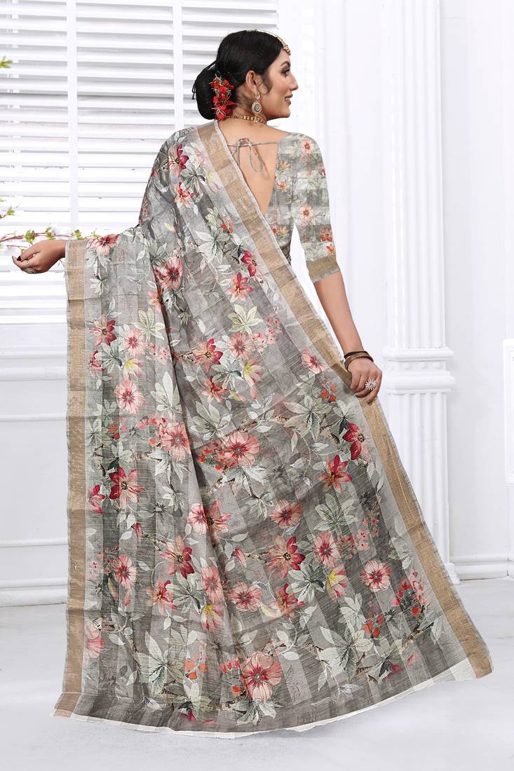 Grey Cotton Silk Floral Printed Saree with Unstitched blouse piece