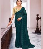 Women Teal Georgette Swaroski Work Saree with Unstitched Blouse Piece
