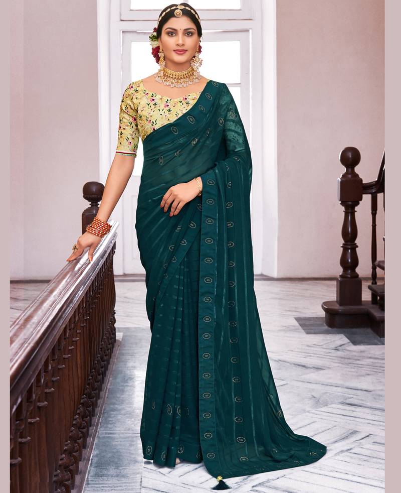 Women Teal Georgette Swaroski Work Saree with Unstitched Blouse Piece