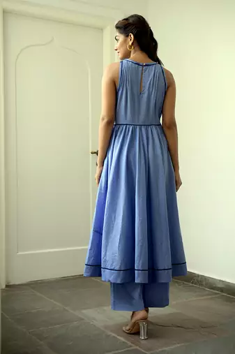 Indigo Blue Cotton Kurta Set with Print Dupatta