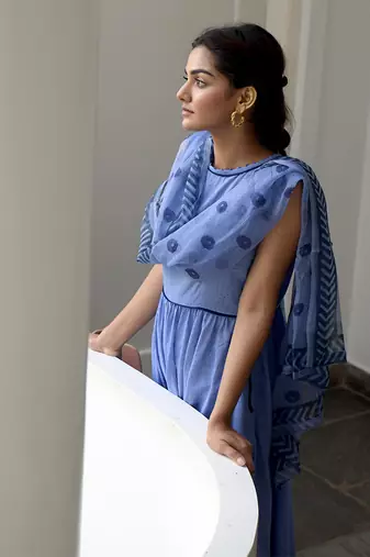 Indigo Blue Cotton Kurta Set with Print Dupatta