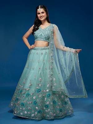 Turquoise Blue Net Sequinse Embroidered Semi-Stitched Lehenga & Blouse with Dupatta 1