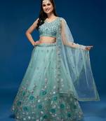 Turquoise Blue Net Sequinse Embroidered Semi-Stitched Lehenga & Blouse with Dupatta
