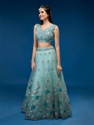 Turquoise Blue Net Sequinse Embroidered Semi-Stitched Lehenga & Blouse with Dupatta 2