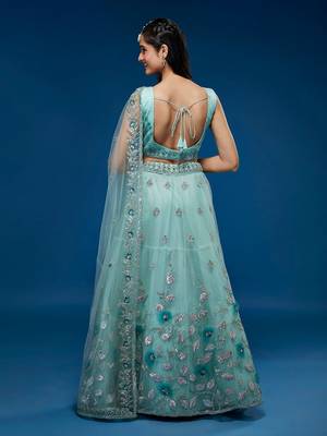 Turquoise Blue Net Sequinse Embroidered Semi-Stitched Lehenga & Blouse with Dupatta 3