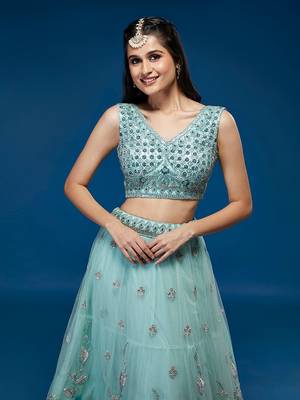 Turquoise Blue Net Sequinse Embroidered Semi-Stitched Lehenga & Blouse with Dupatta 4