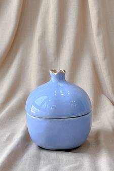 Lavender Serenity: Handcrafted Ceramic Pomegranate Bowl With Golden Crown Lid - Knick Knack, Candy Bowl, Or Trinket Box