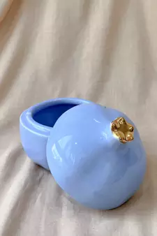 Lavender Serenity: Handcrafted Ceramic Pomegranate Bowl With Golden Crown Lid - Knick Knack, Candy Bowl, Or Trinket Box