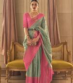 Sea Green Woven Cotton Silk Saree With Blouse
