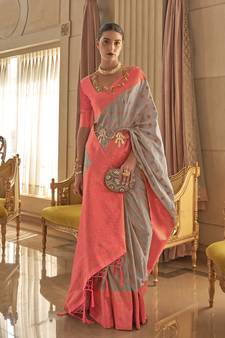 Grey Woven Cotton Silk Saree With Blouse