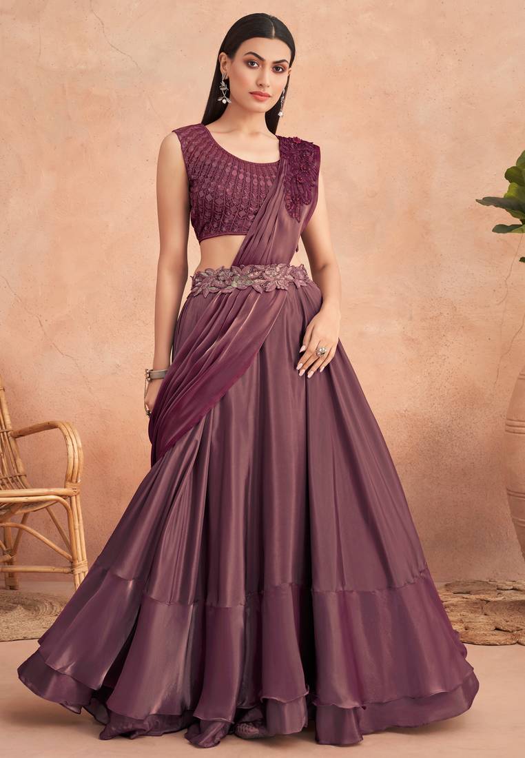 Magenta embroidered satin saree with blouse