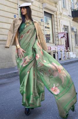 Green Printed Organza Saree With Blouse 1