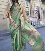 Green Printed Organza Saree With Blouse