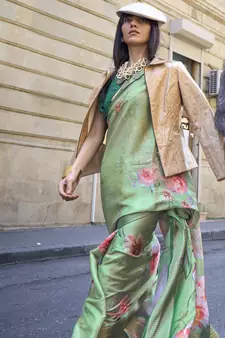 Green Printed Organza Saree With Blouse