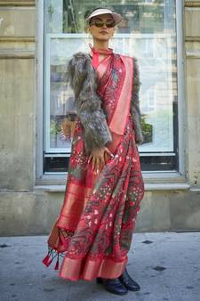 Crimson Printed Organza Saree With Blouse