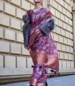Wine Printed Organza Saree With Blouse