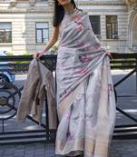 Grey Printed Organza Saree With Blouse