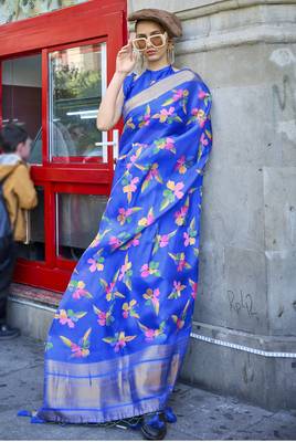 Royal Blue Printed Organza Saree With Blouse 1