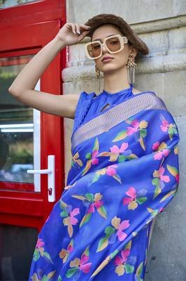 Royal Blue Printed Organza Saree With Blouse 2