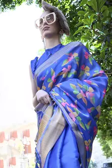 Royal Blue Printed Organza Saree With Blouse
