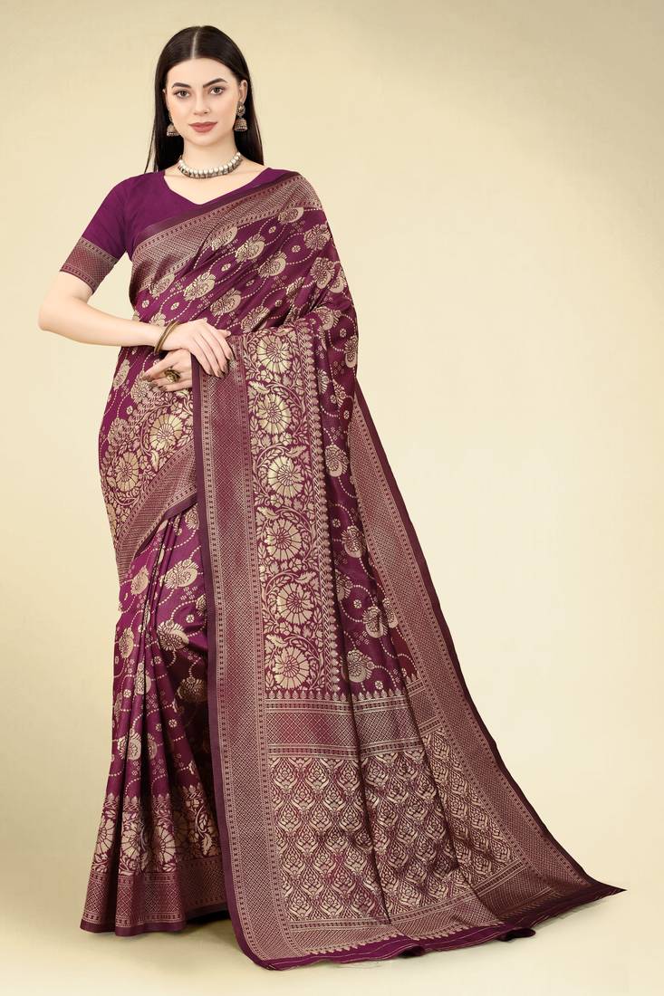 Wine Colour Banarasi Silk Saree For Traditional Look