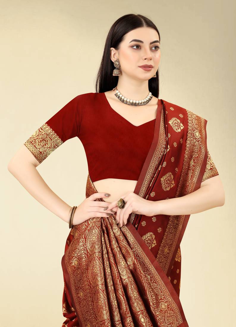 Maroon Banarasi Silk Cotton Saree.
