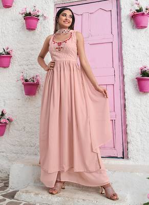 Ethnic Peach Colour Designer Thread And Sequins Work Palazzo Dress 1