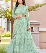 Green Colour Designer Printed Partywear Gown With Attached Dupatta And Belt