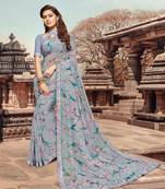 Grey Color Floral Georgette Printed Saree With Fancy Lace Border And Blouse Piece