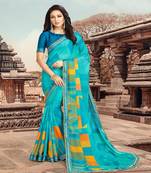 Multicolor Georgette Printed Saree With Fancy Lace Border And Blouse Piece