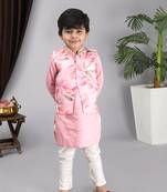 Pink kurta pink printed nehru jacket off white chuddidar