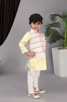 Baby Pink Embroidery nehru Jacket with Yellow Kurta and chudidar