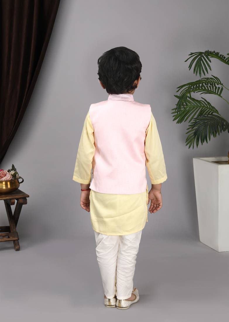 Baby Pink Embroidery nehru Jacket with Yellow Kurta and chudidar