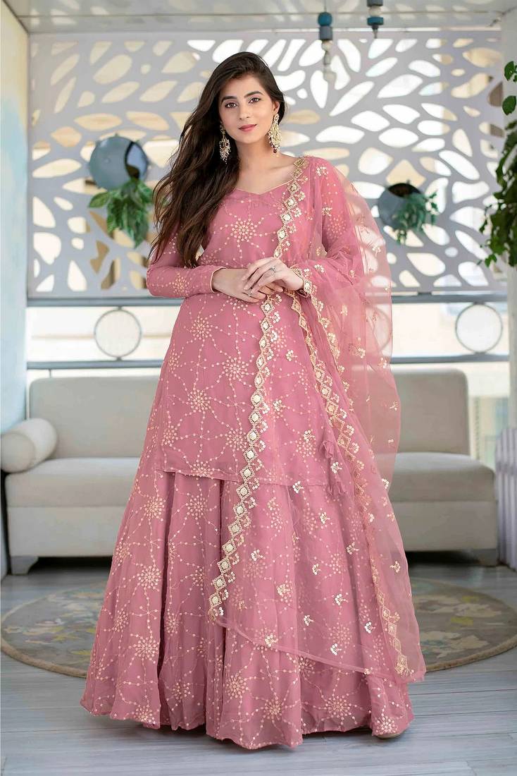 Pink Colour Ethnic Sequins  Work Dress With Lehenga For Festive Looks