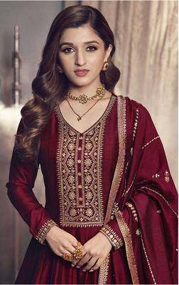 Maroon Colour Heavy Zari Embroidery Work Bollywood Style Party Dress 2