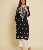 Ethnic Black Colour Casual Embroidered Fancy Cotton Kurti