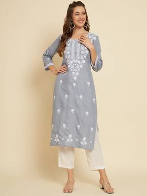 Ethnic Grey Colour Casual Embroidered Fancy Cotton Kurti 1