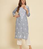 Ethnic Grey Colour Casual Embroidered Fancy Cotton Kurti
