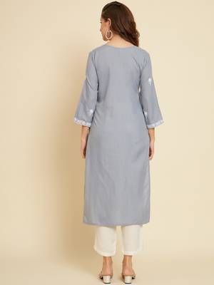 Ethnic Grey Colour Casual Embroidered Fancy Cotton Kurti 2