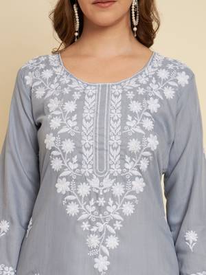Ethnic Grey Colour Casual Embroidered Fancy Cotton Kurti 3