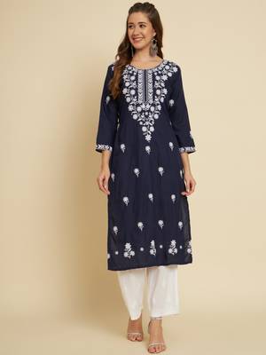 Ethnic Blue Colour Casual Embroidered Fancy Cotton Kurti 1