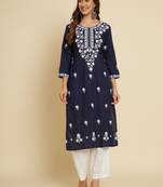 Ethnic Blue Colour Casual Embroidered Fancy Cotton Kurti