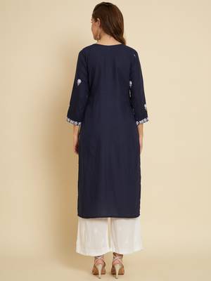 Ethnic Blue Colour Casual Embroidered Fancy Cotton Kurti 2