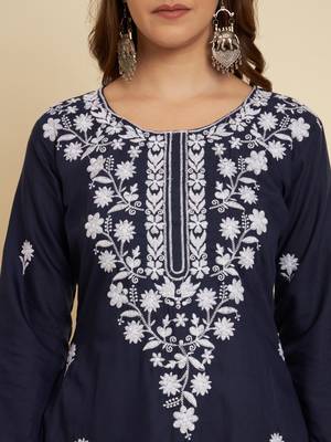 Ethnic Blue Colour Casual Embroidered Fancy Cotton Kurti 3