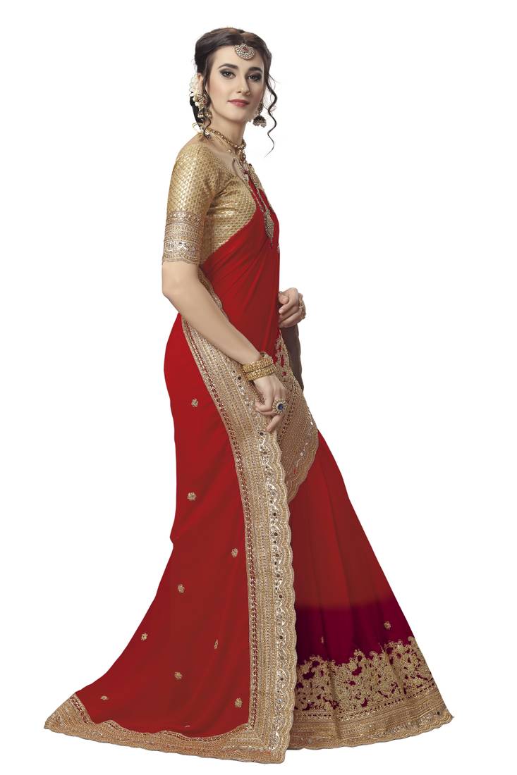 Trendmalls Red embroidered satinSaree With Blouse