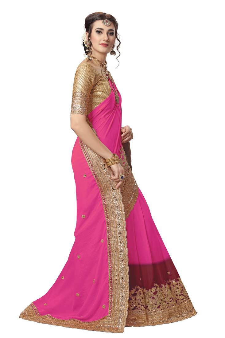 Trendmalls Trendmalls Pink Embroidered Satinsaree With Blouse